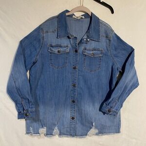 EST. 1946 Denim Womens Size L Distressed Button Down Shirt Blue Medium Wash